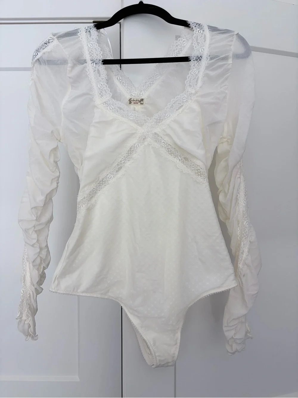 Free People Intimately Lace Trim Ivory Long-Sleeve Bodysuit